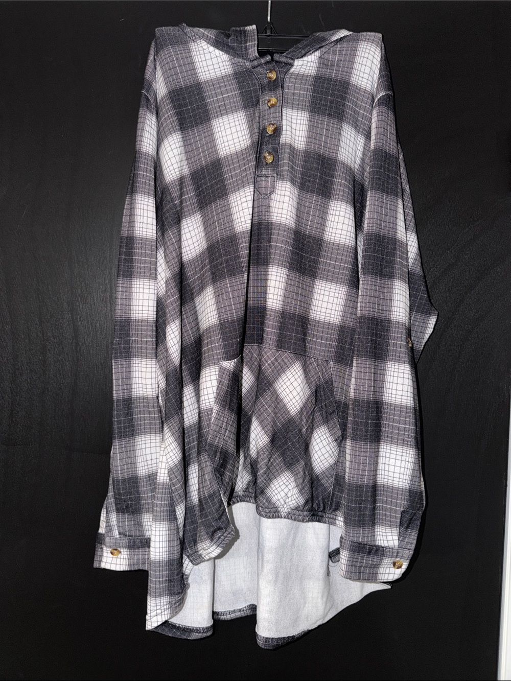 Black & White Plaid Hooded Henley Shirt